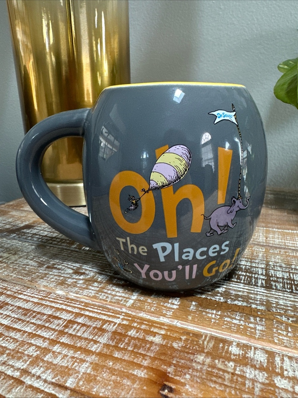 Dr. Seuss Gray Mug with Yellow and Pastel Accents - "Oh! The Places You'll Go"